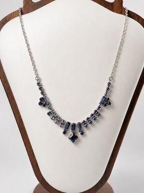Vintage Silver Tone Blue Rhinestone Statement Necklace